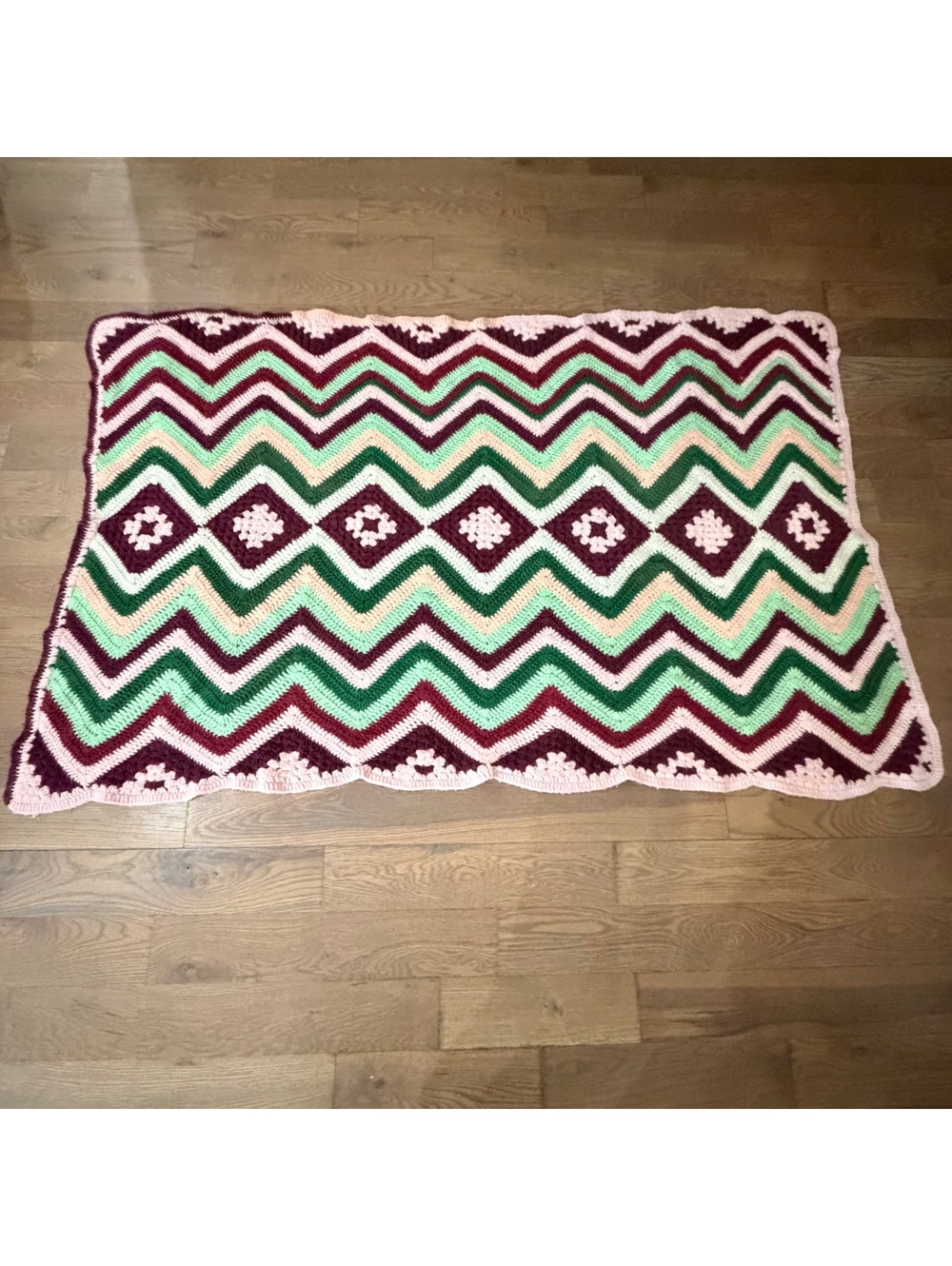 Handmade Crochet Afghan Throw Blanket 40x64 Chevron Granny Square Pink Green Red